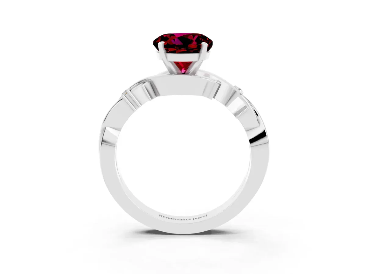 Round Cut Garnet Solitaire Ring with Twisted Band and Prong Setting Silver