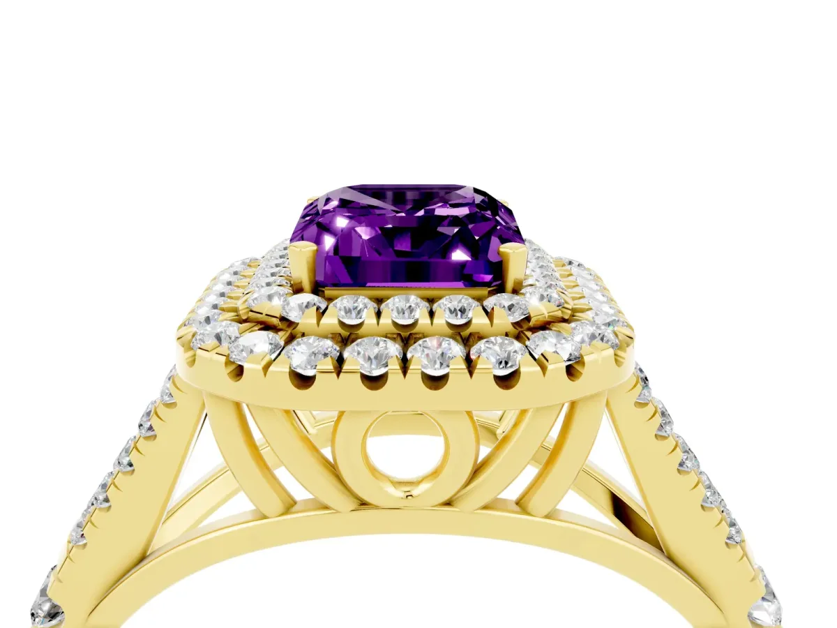 Double Halo Emerald Cut Amethyst Split Shank Engagement Ring with Four-Prong Setting Yellow gold