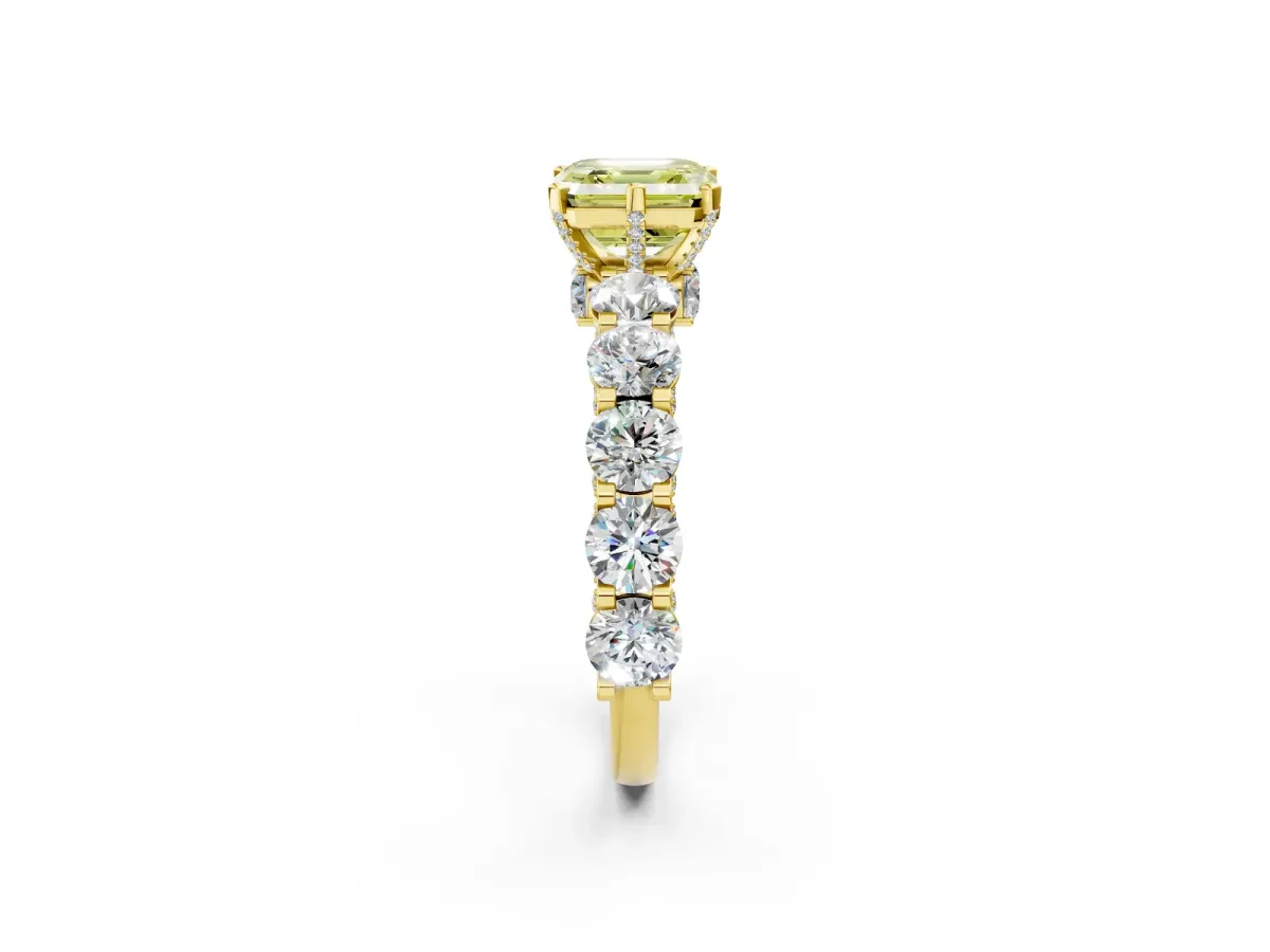 Fancy Yellow Asscher Cut Diamond Side Stone Engagement Ring with Four-Prong Setting Yellow gold