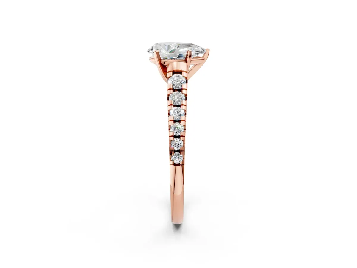 Pear Cut Diamond Cathedral Solitaire Ring with Round Pavé Band Rose gold