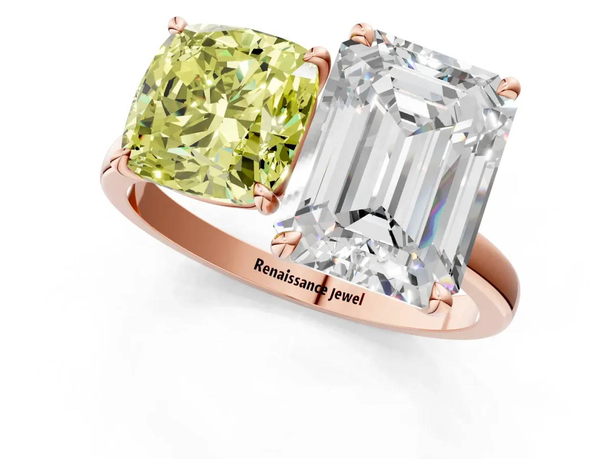 Fancy Yellow Cushion Cut and Emerald Cut Toi Moi Ring with Prong Setting Rose gold