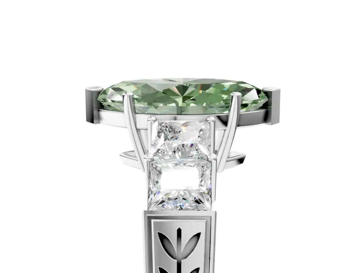 Fancy Green Marquise Cut Solitaire Princess Side Stone Engraved Band Prong Setting Ring Silver