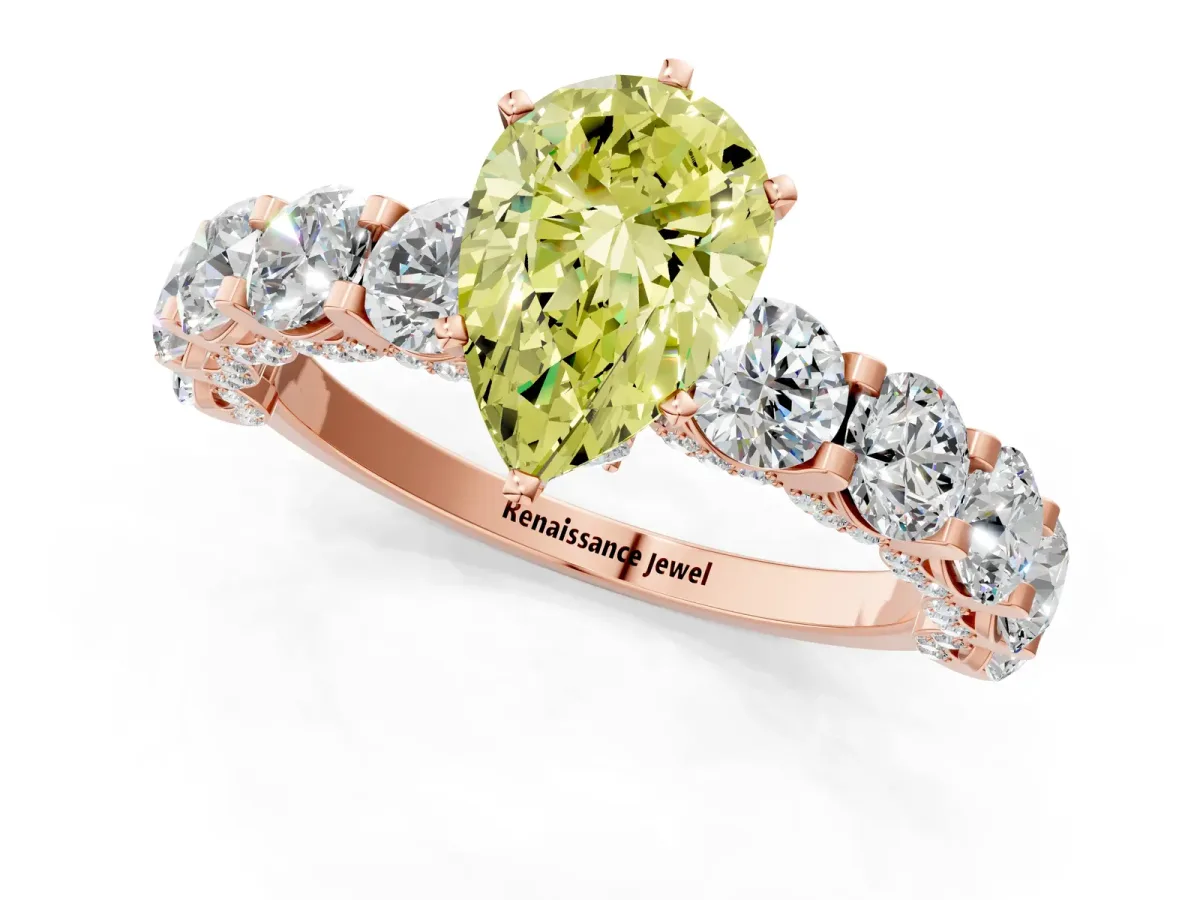 Fancy Yellow Pear Cut Diamond Side Stone Engagement Ring with Four-Prong Setting Rose gold