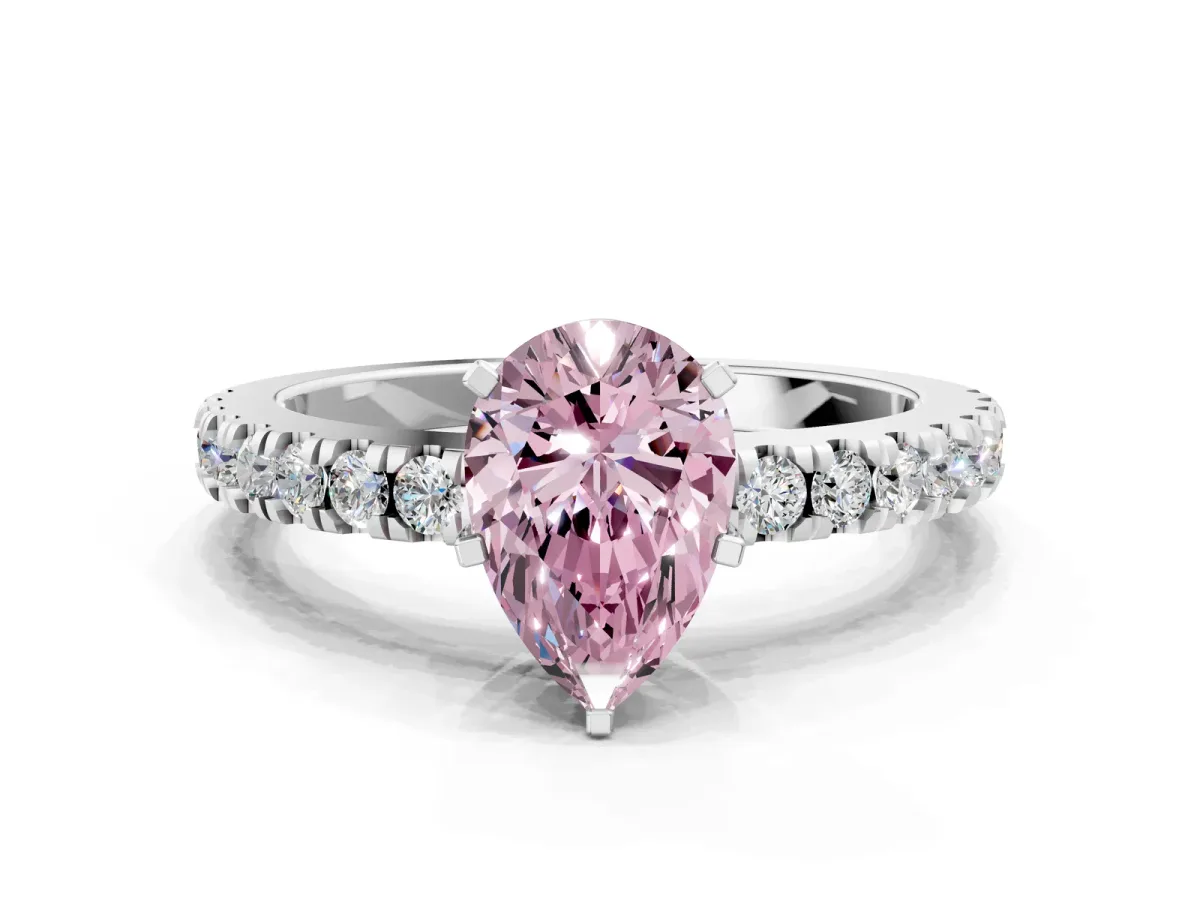Fancy Pink Pear Cut Solitaire Diamond with Pavé Band and Four-Prong Setting Silver