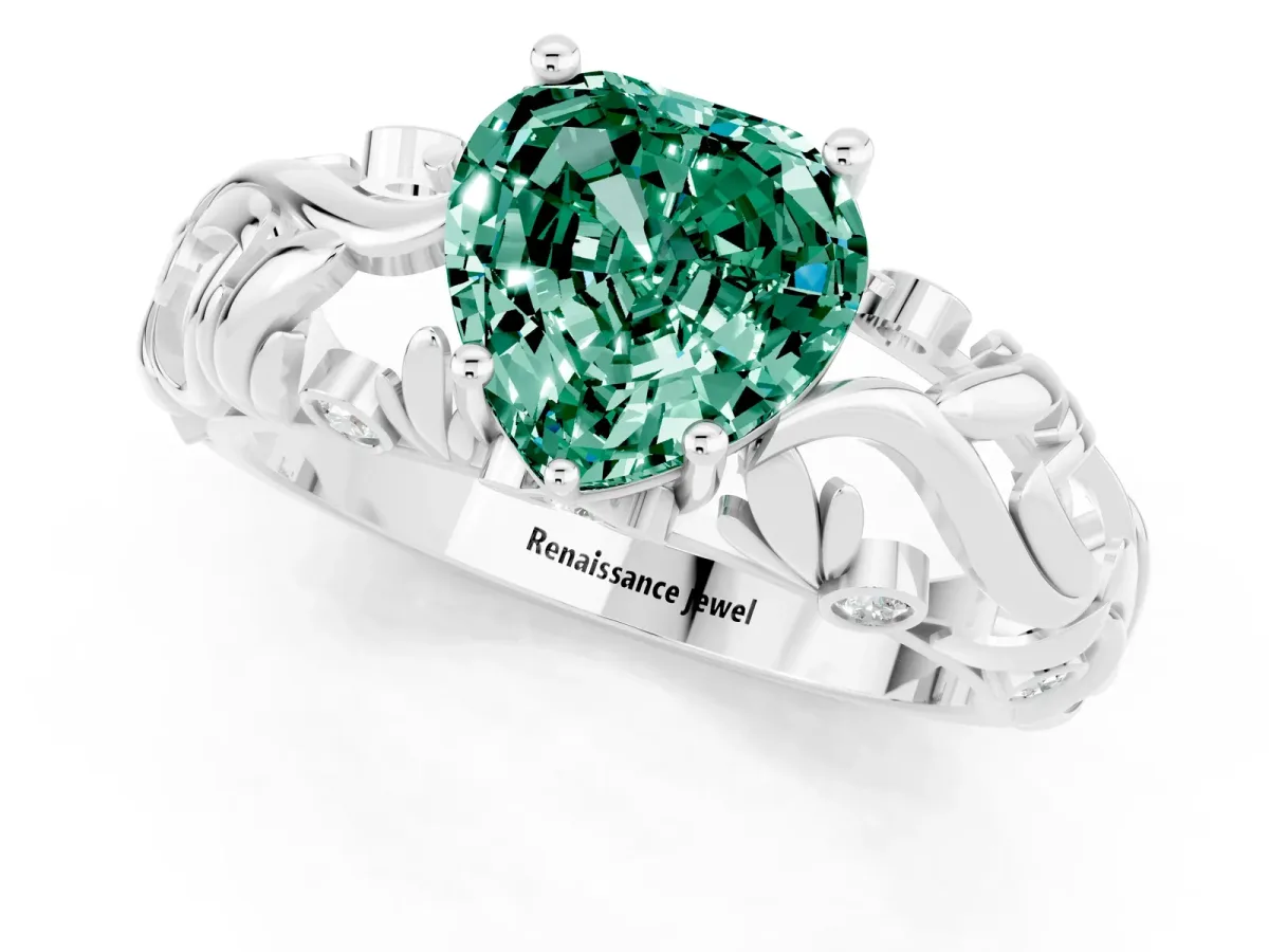 Heart Cut Solitaire Green Sapphire Leaf-Inspired Vine Band Ring with Prong Setting Platinum