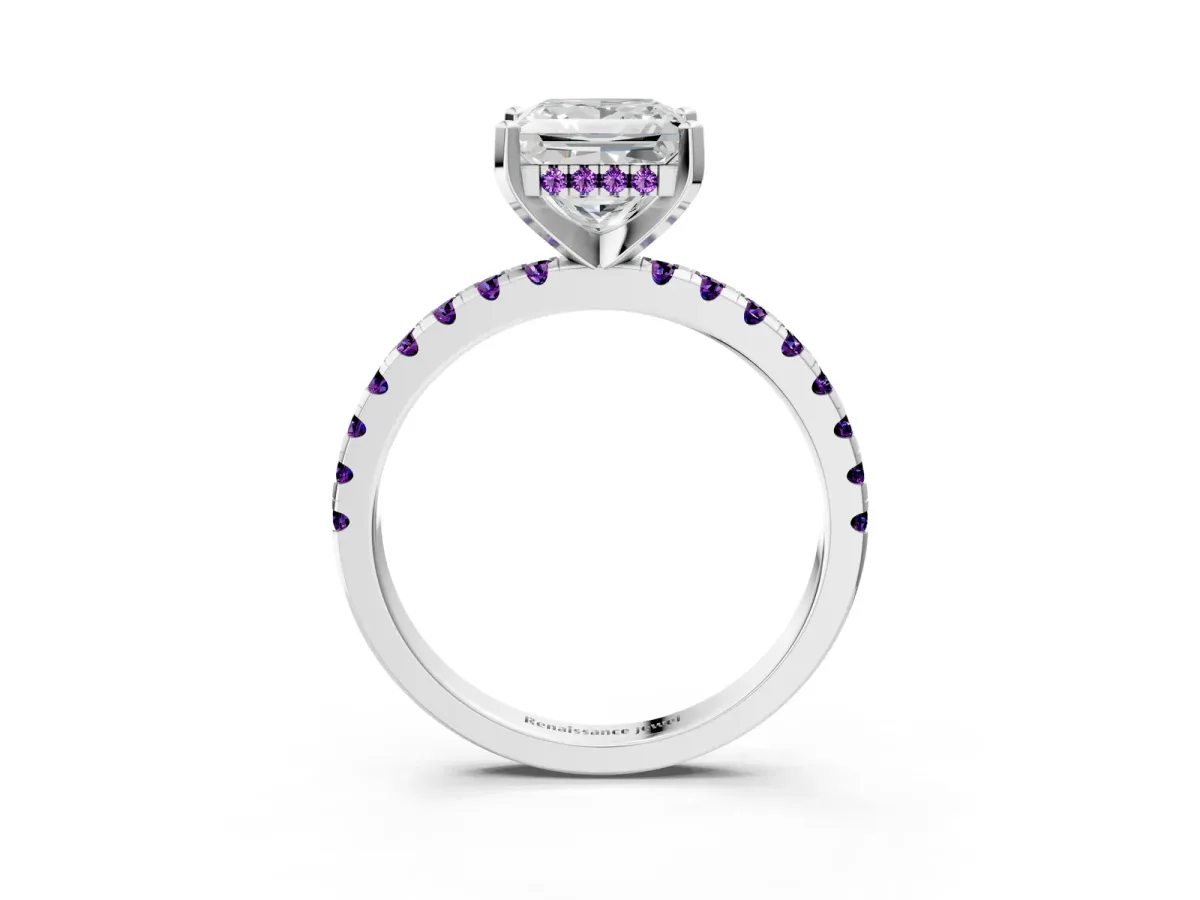 Princess Cut Diamond Solitaire Ring with Round Amethyst Pavé Band and Four-Prong Setting Silver
