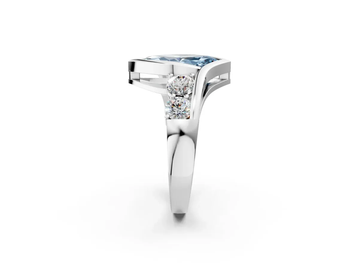Fancy Blue Bezel Set Marquise Cut Diamond Bypass Ring with Round Accents Platinum