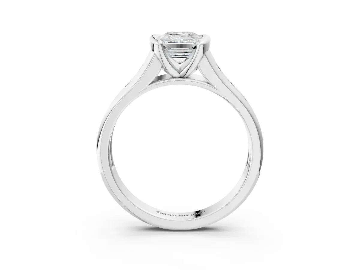 Emerald Cut Solitaire Bezel-Set Diamond Ring with Channel-Set Band Platinum