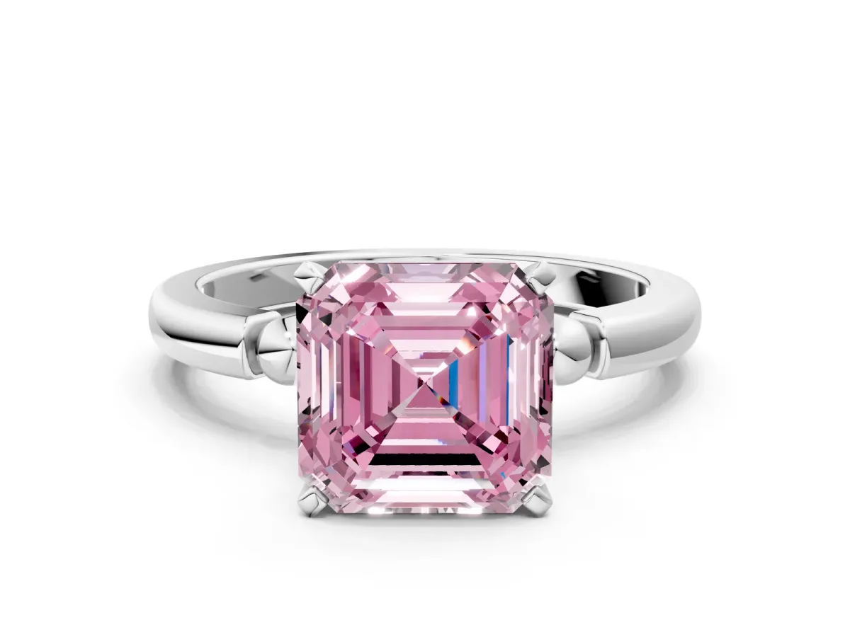 Fancy Pink Asscher Cut Solitaire Beaded Band with Four-Prong Setting Platinum