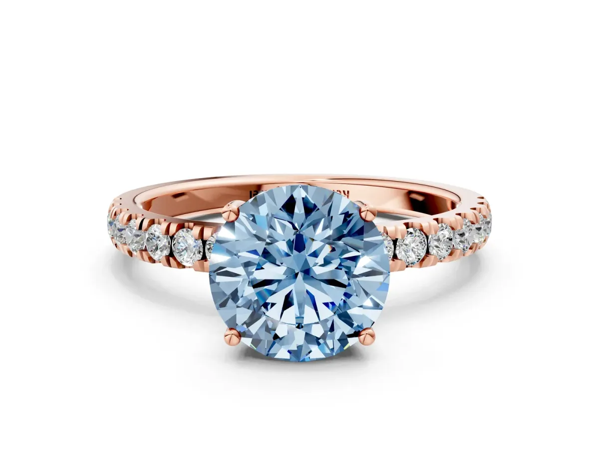 Fancy Blue Round Cut Diamond Pave Band Solitaire Ring with Round and Prong Setting Rose gold