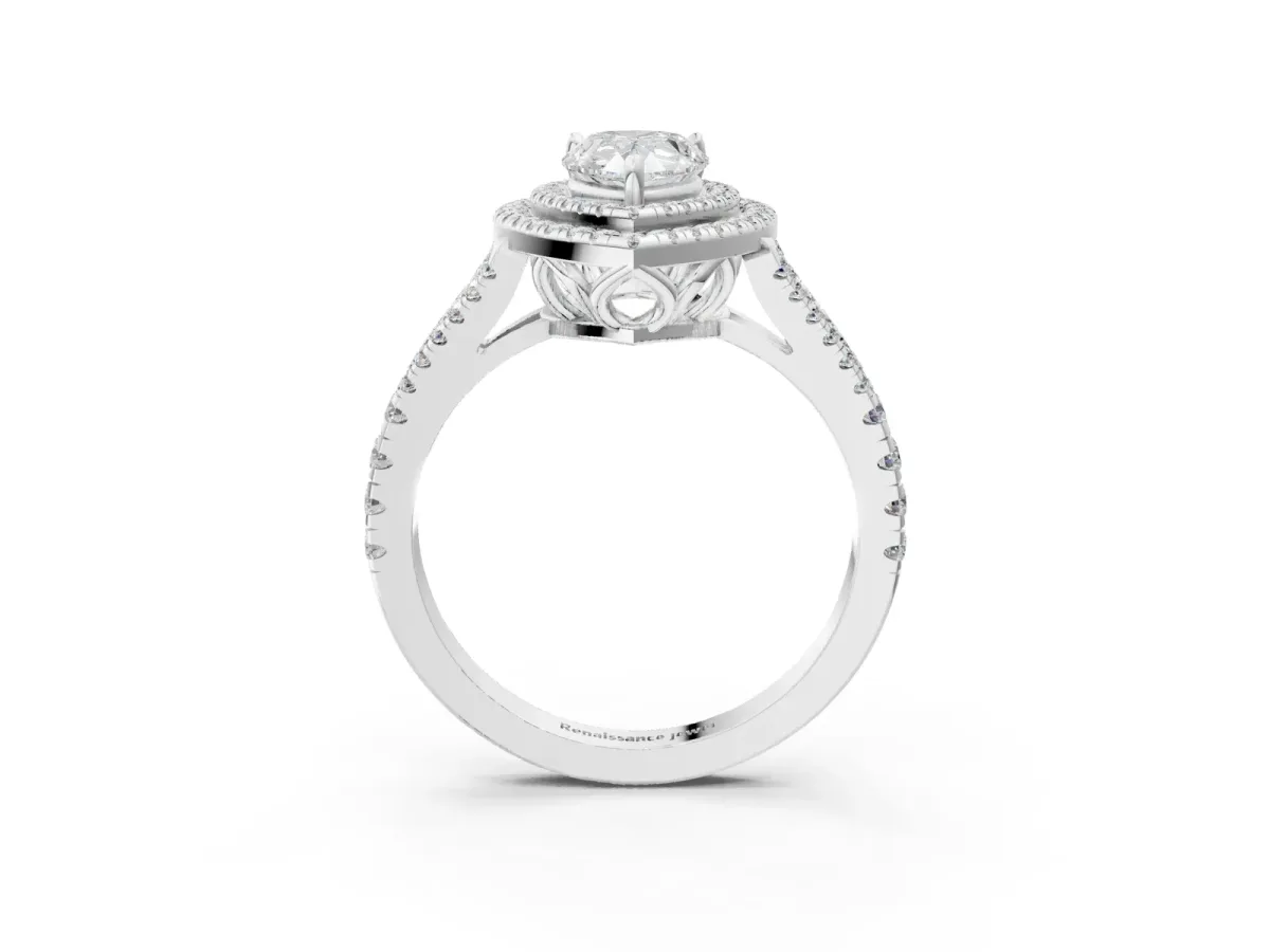 Pear Cut Diamond Double Halo Ring with Pavé Band and Prong Setting Silver
