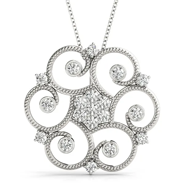 Milgrain Diamond Round Swirl Pendant with Prong Setting White gold