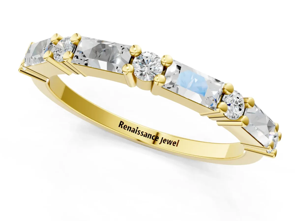 Baguette and Round Diamond Bar Setting Half Eternity Band with Prong Setting Yellow gold