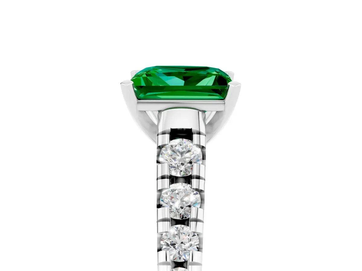Princess Cut Emerald Cathedral Solitaire Ring with Round Pavé Band Platinum