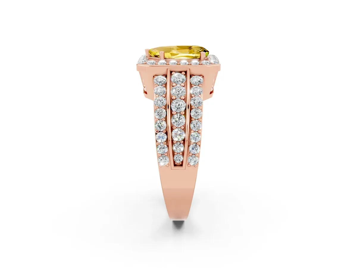 Pear Cut Halo Yellow Sapphire Ring with Round Split Shank and Prong Setting Rose gold