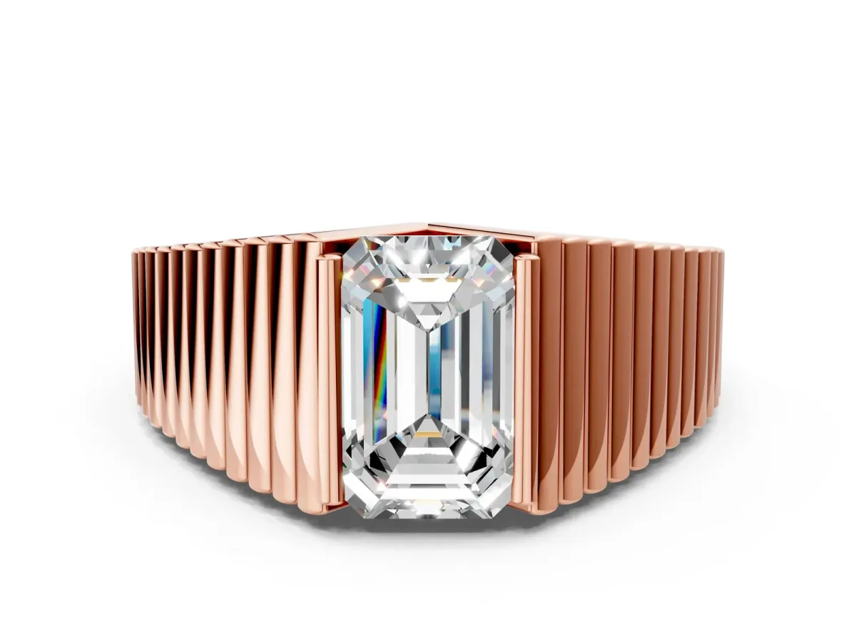 Emerald Cut Diamond Fluted Mens Ring Rose gold