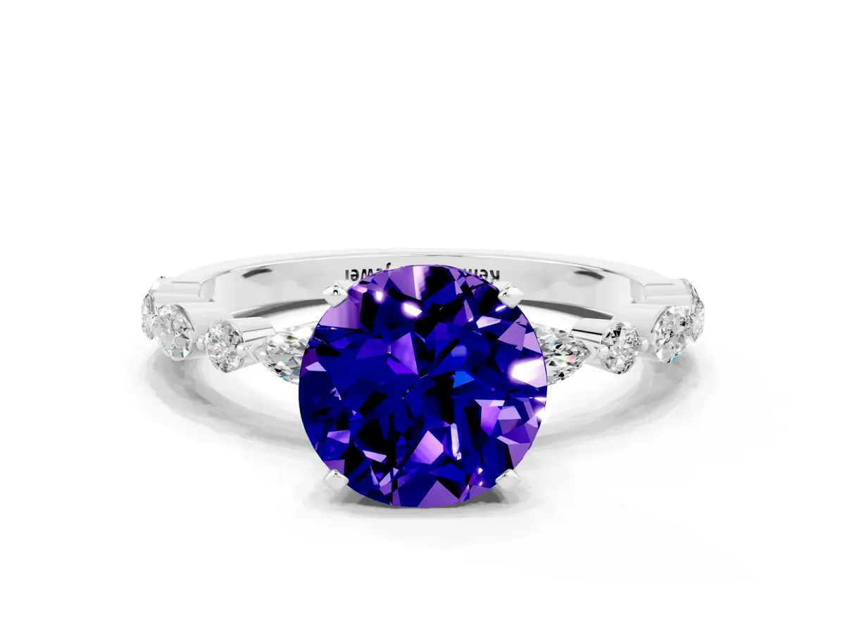 Round Cut Tanzanite Ring with Marquise and Round Side Stones and Four-Prong Setting Silver