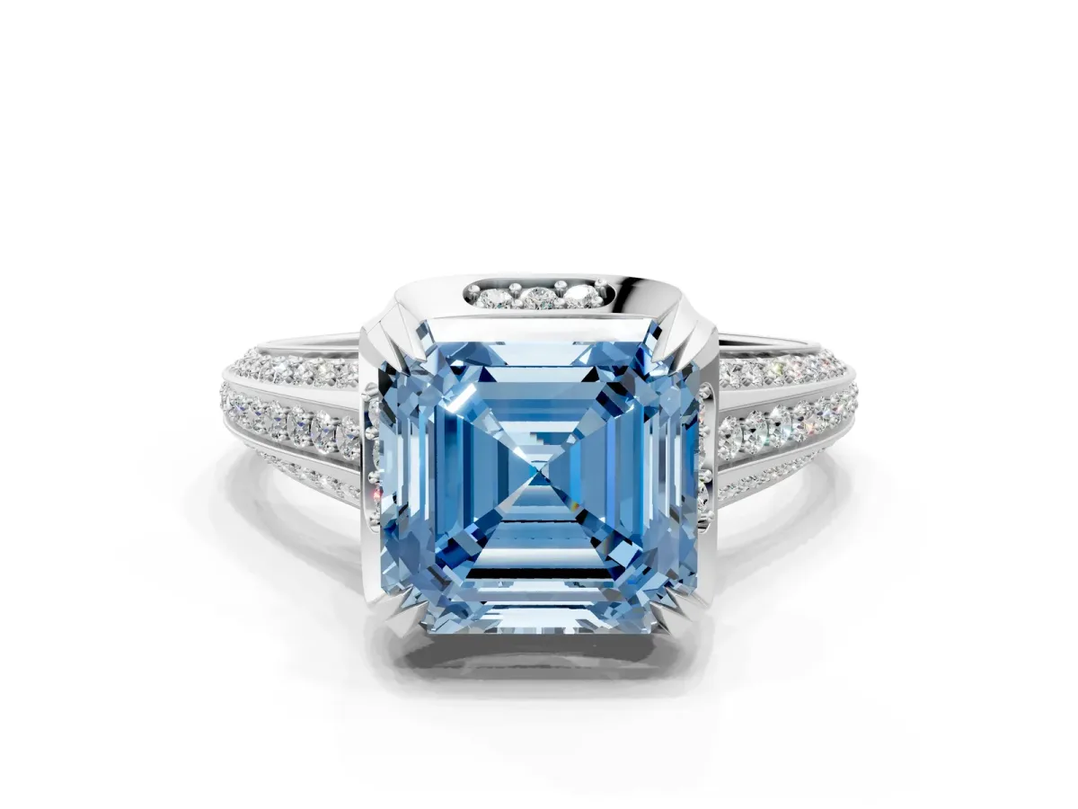 Fancy Blue Asscher Cut Solitaire Pave Split Shank Ring with Four-Prong Setting Platinum