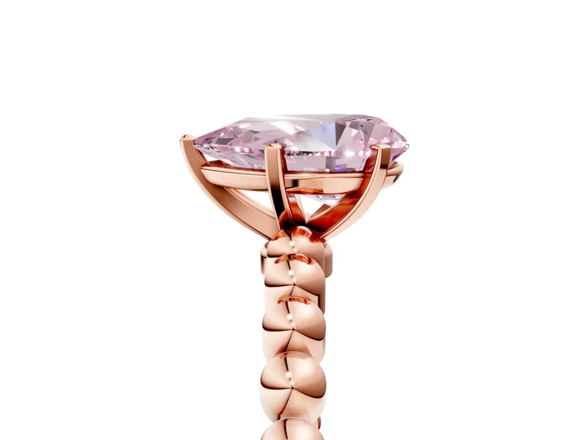 Fancy Pink Pear Cut Diamond Solitaire Ring with Beaded Band and Prong Setting Rose gold