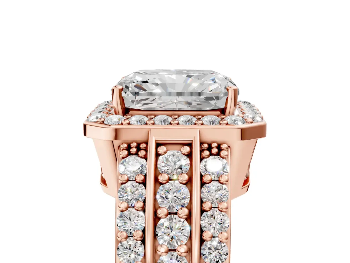 Radiant Cut Halo Diamond Ring with Round Split Shank and Prong Setting Rose gold
