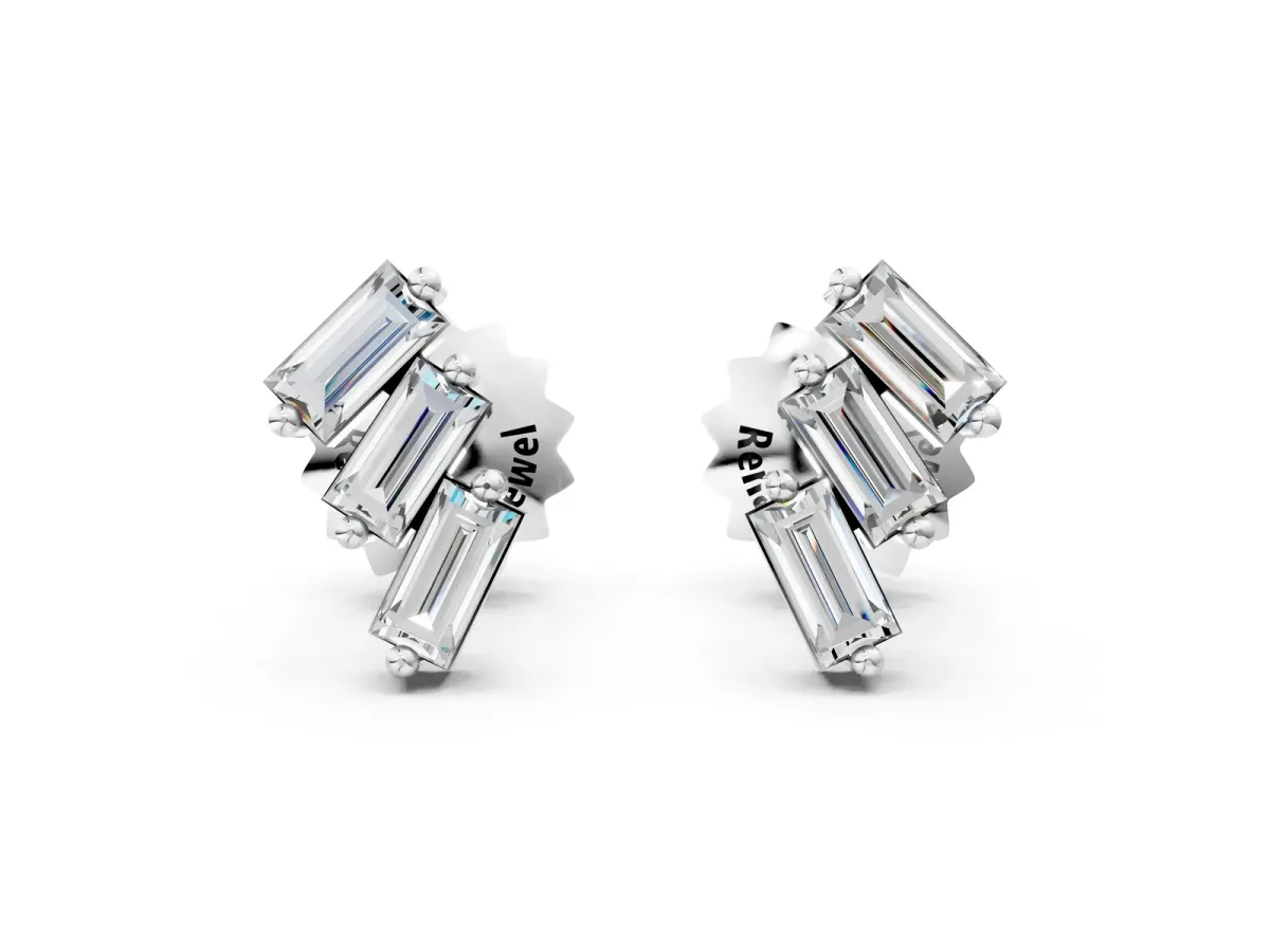 Baguette Diamond Three-Stone Stud Earrings White gold