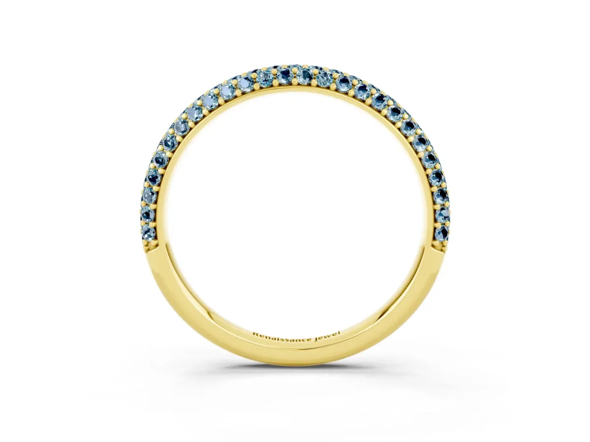 Round Aquamarine Pavé Eternity Band with Shared Prong Setting Yellow gold