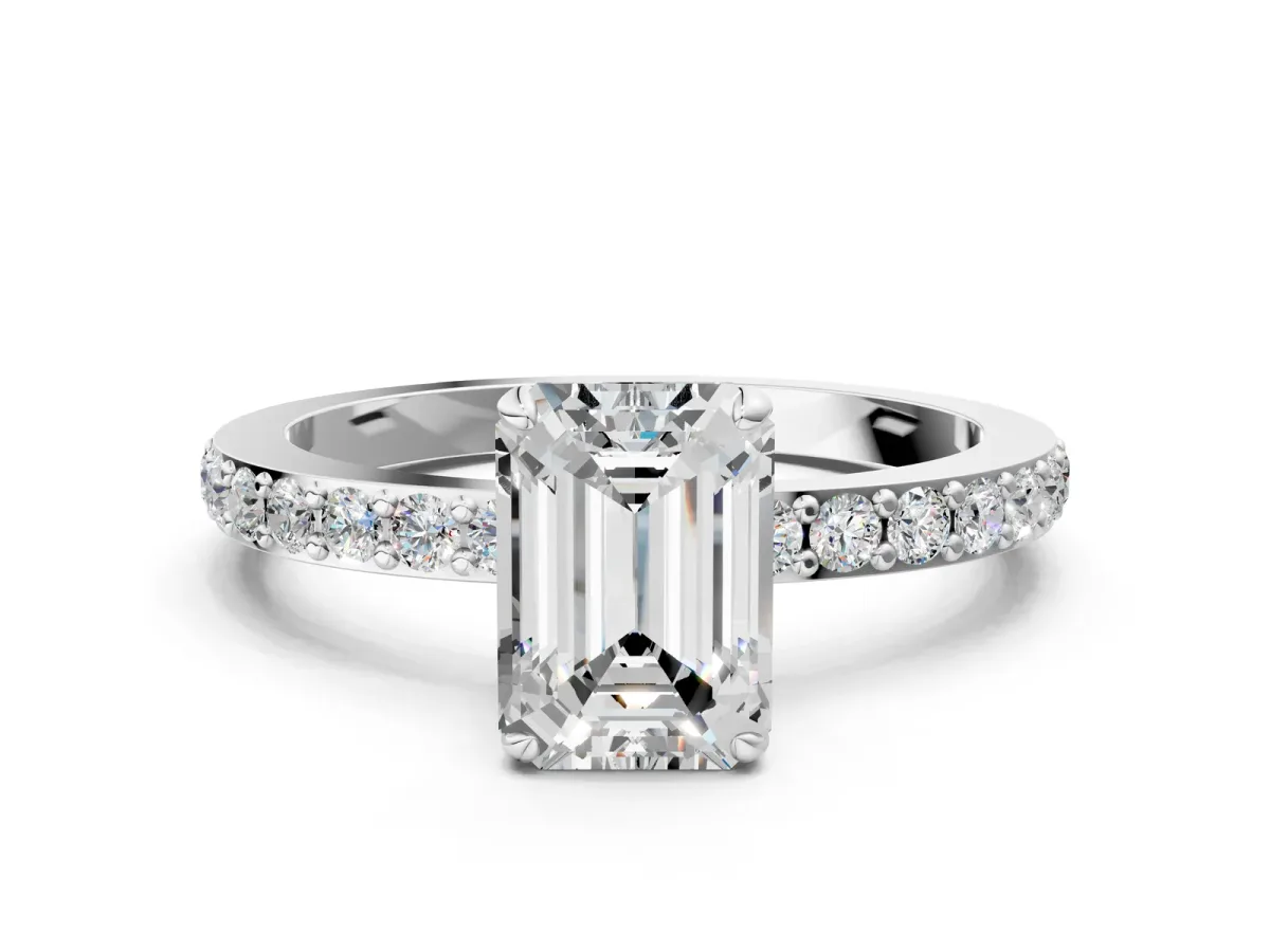 Emerald Cut Diamond Solitaire Engagement Ring with Pavé Band and Four-Prong Setting Silver