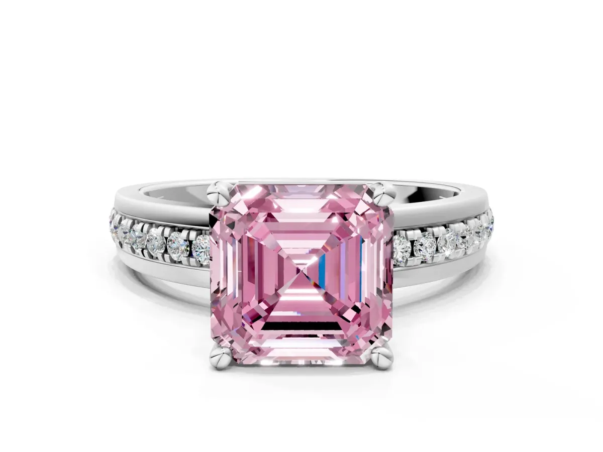 Fancy Pink Asscher Cut Solitaire Diamond Ring with Channel Set Band and Six-Prong Setting Platinum