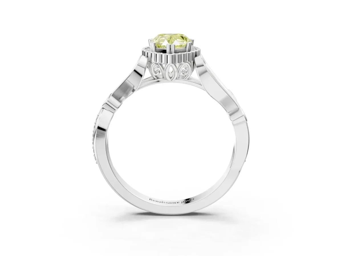 Fancy Yellow Pear Cut Diamond Halo Ring with Vintage Split Shank and Four-Prong Setting Platinum