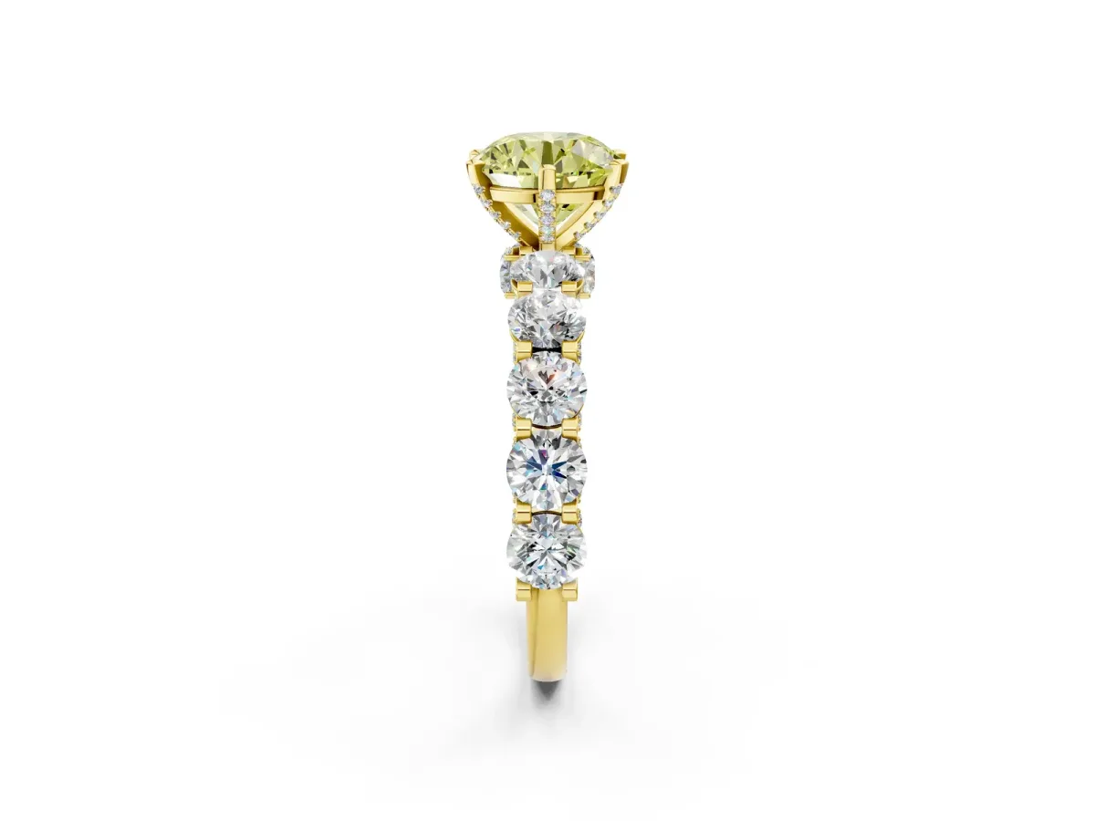 Fancy Yellow Round Cut Diamond Side Stone Engagement Ring with Four-Prong Setting Yellow gold