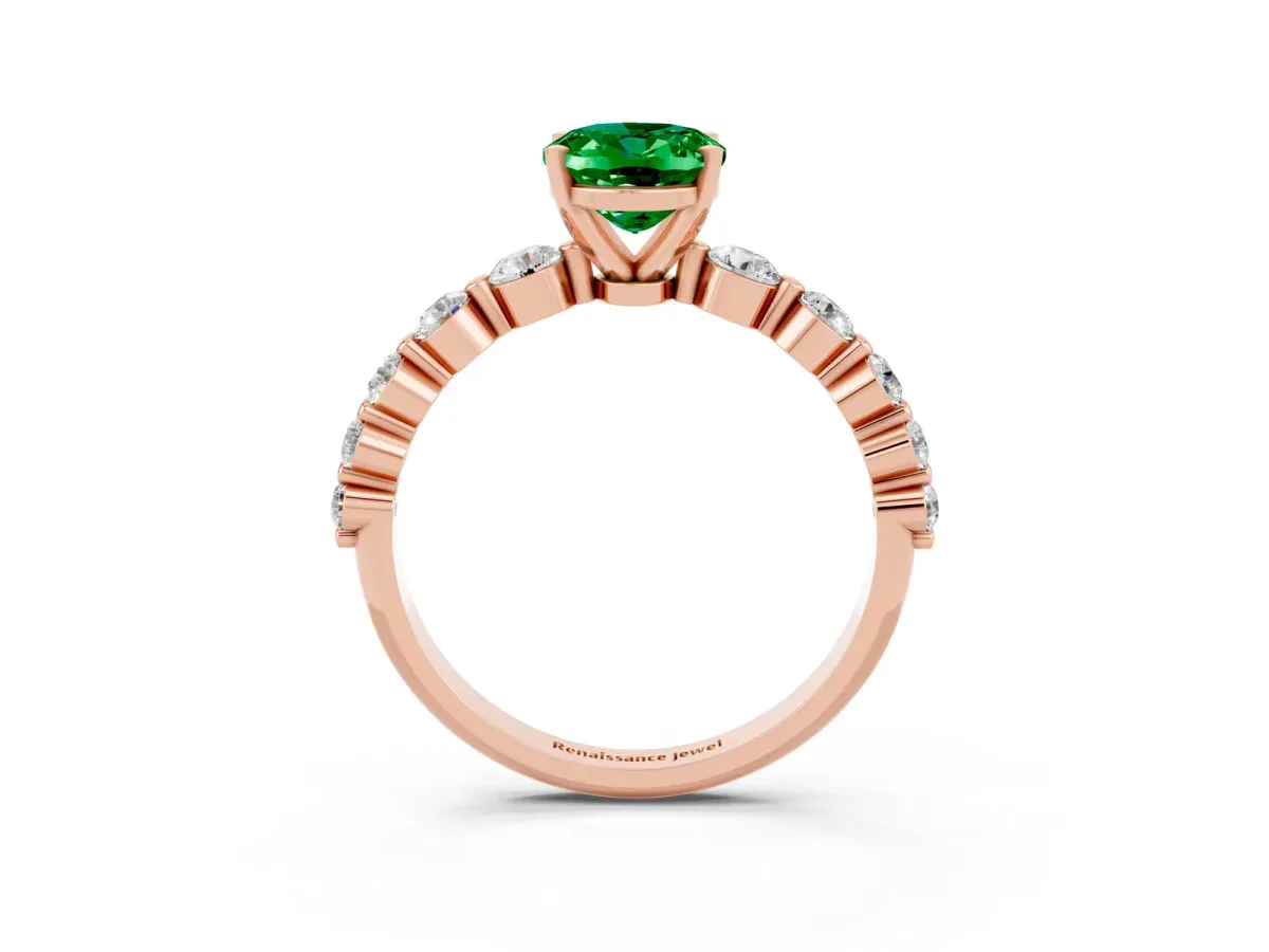 Oval Cut Solitaire Emerald Ring with Pave Band and Four-Prong Setting Rose gold