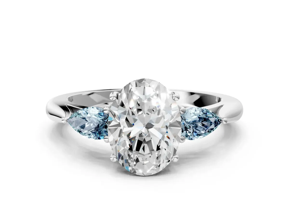 Oval Cut Diamond Three-Stone Ring with Pear Aquamarine Side Stones and Prong Setting White gold