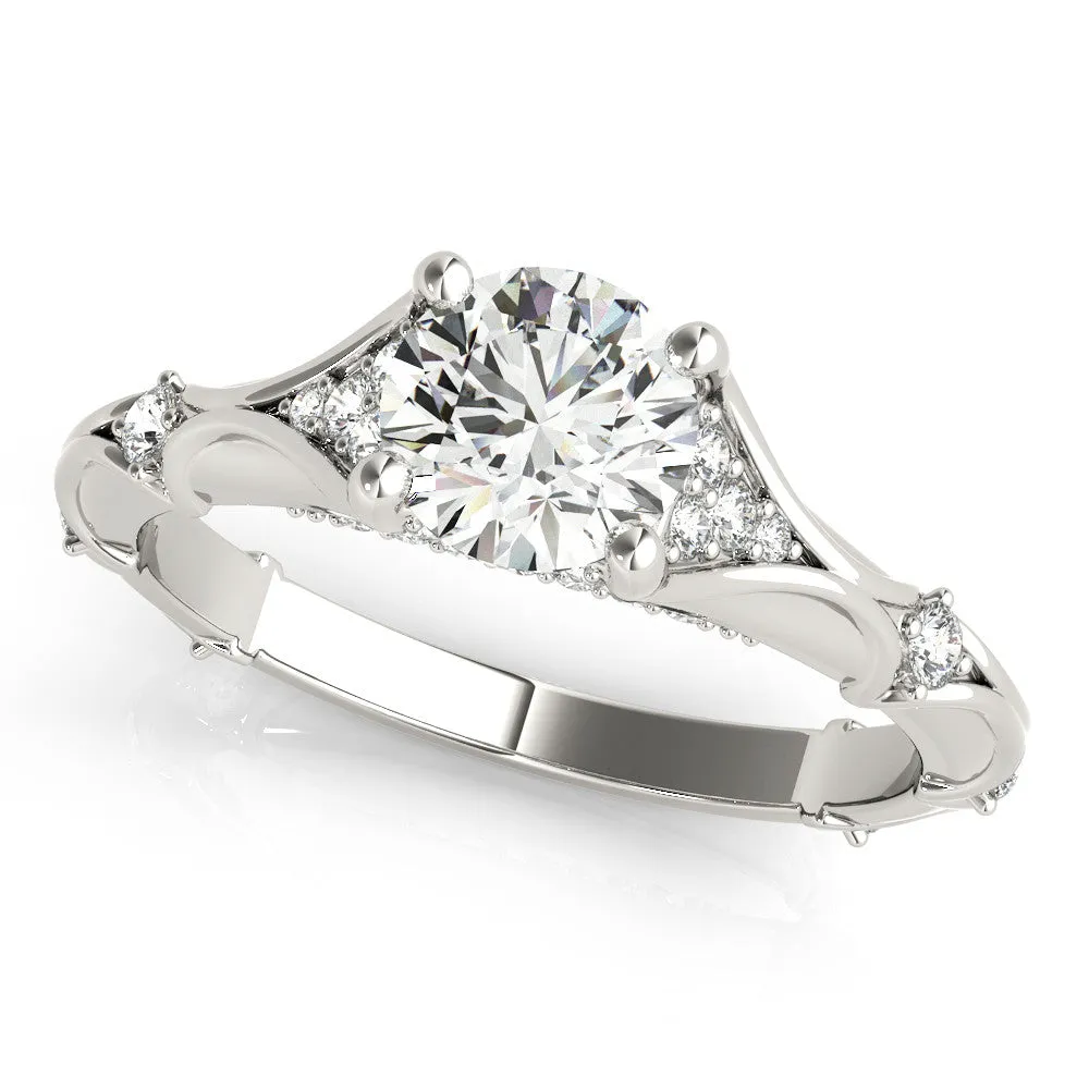 Round Cut Cut Solitaire Engagement Ring with Pave Band and Four-Prong Setting Silver