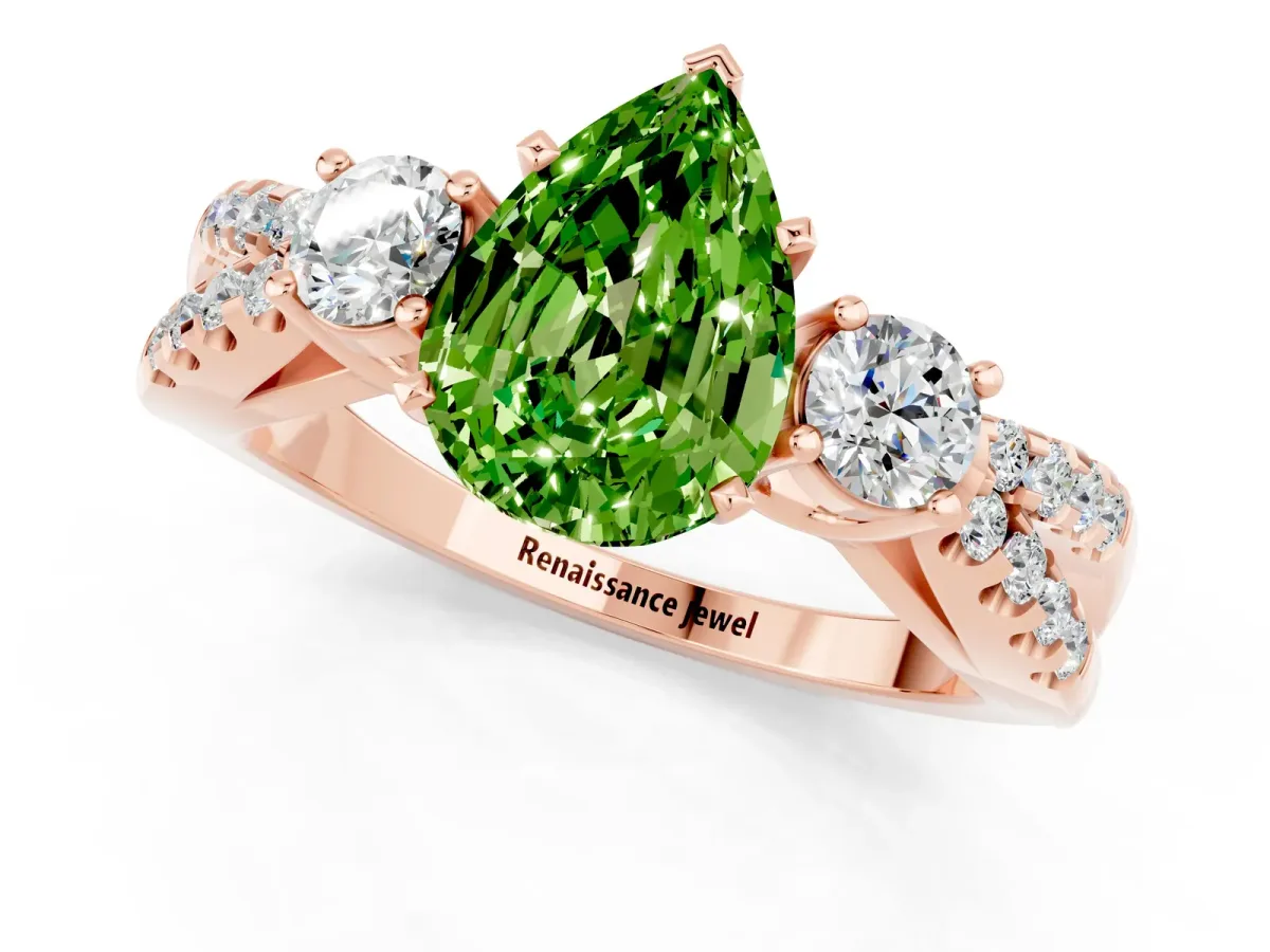 Pear Cut Peridot Three-Stone Ring with Pavé Split Shank and Four-Prong Setting Rose gold