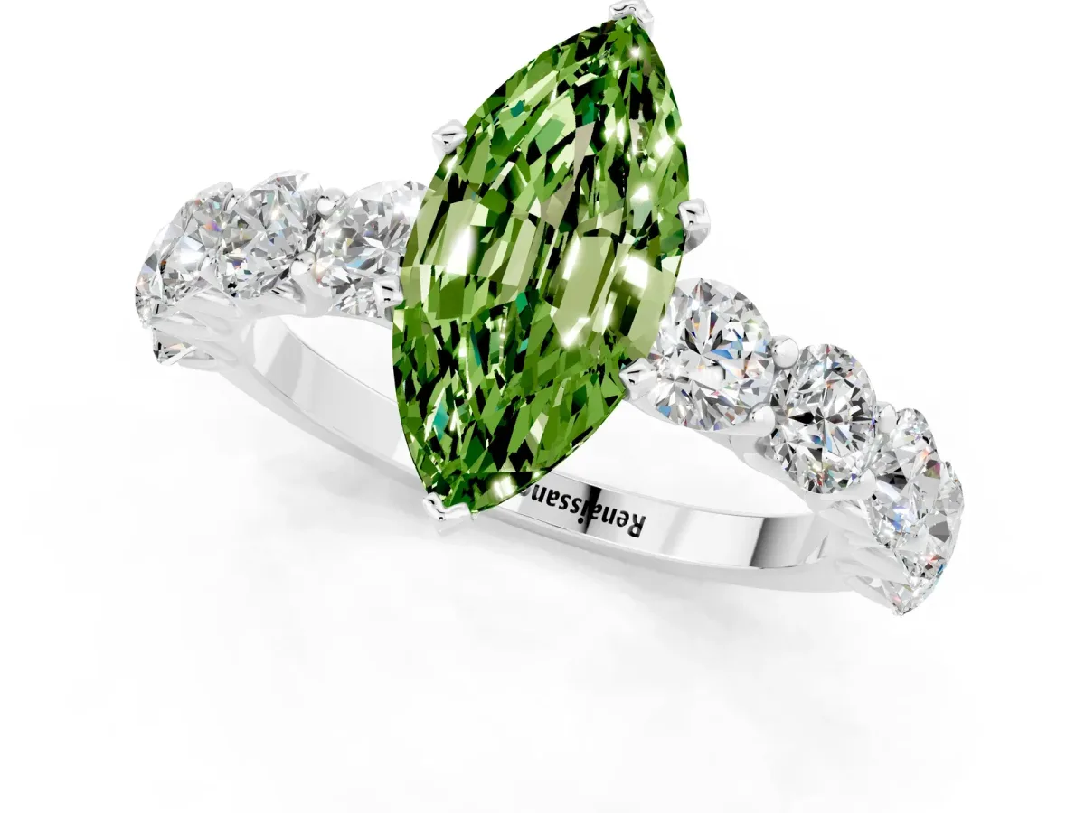 Marquise Cut Peridot Prong Setting with Side Stones on a Pave Band Silver