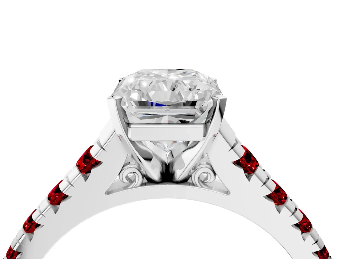 Radiant Cut Diamond Cathedral Solitaire Ring with Round Ruby Pavé Band Platinum