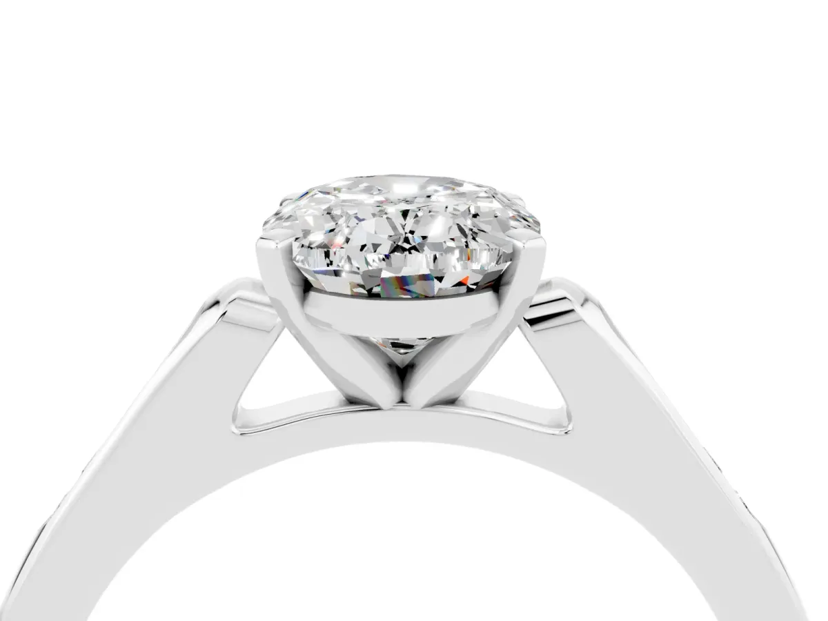 Oval Cut Moissanite Solitaire Ring with Channel Set Round Band and Prong Setting Silver