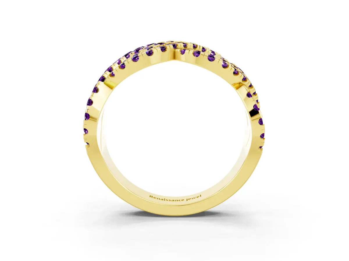 Pavé Round Amethyst Infinity Twist Band with Shared Prong Setting Yellow gold