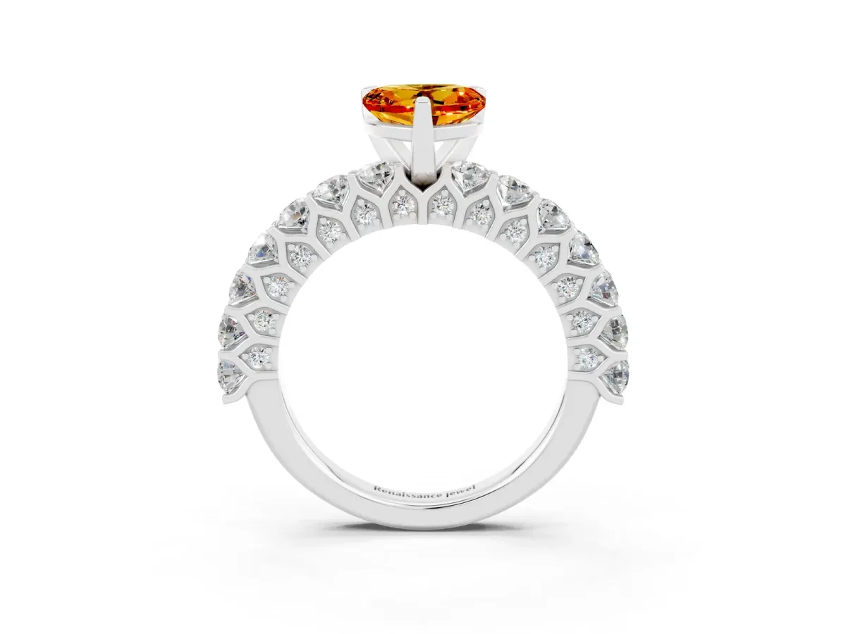 Heart Cut Citrine Solitaire Ring with Shared Prong Pavé Band and Four-Prong Setting Platinum