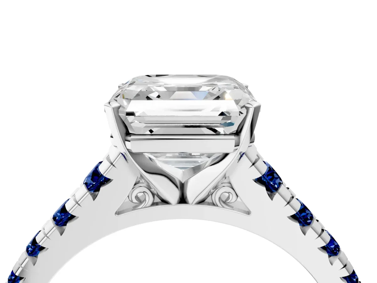 Asscher Cut Diamond Cathedral Solitaire Ring with Round Blue Sapphire Pavé Band Silver