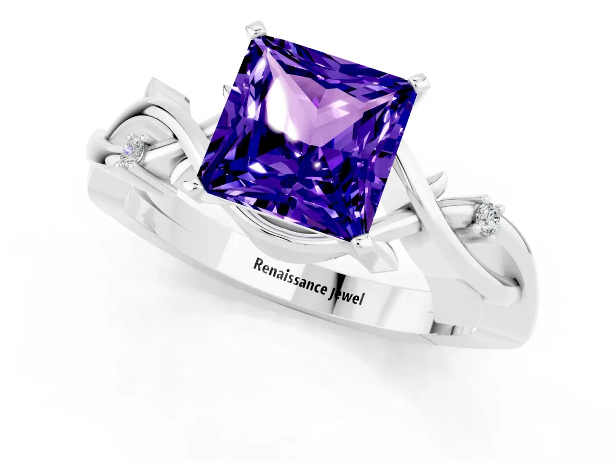 Princess Cut Tanzanite Solitaire Ring with Twisted Band and Prong Setting Platinum