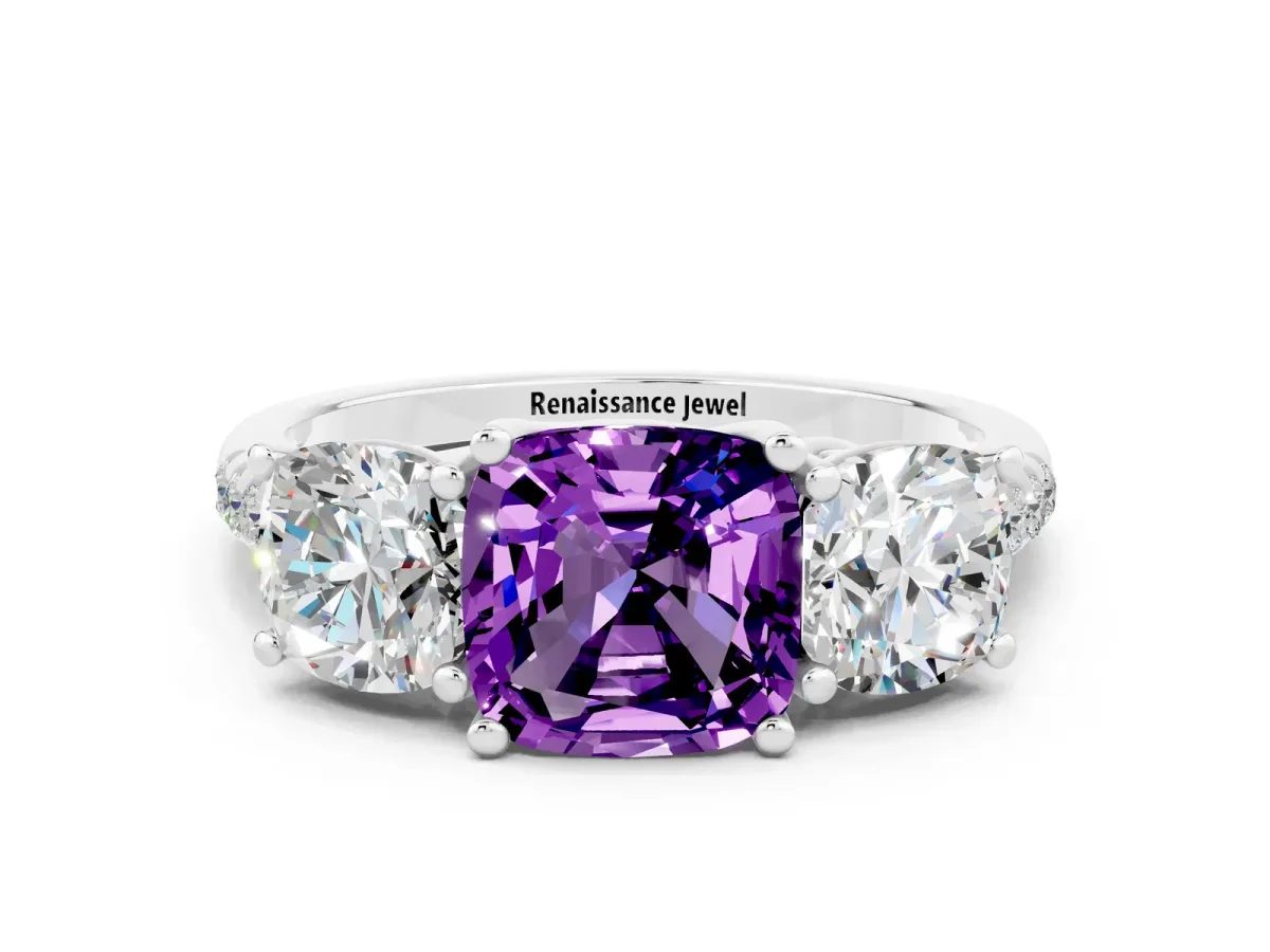 Three-Stone Cushion Cut Amethyst Ring with Round Pavé Band and Prong Setting Silver