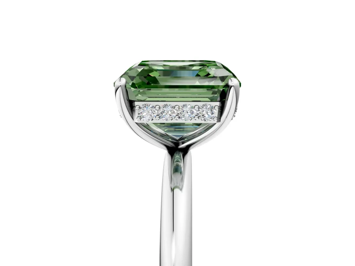 Fancy Green Asscher Cut Solitaire Diamond Ring with a Classic Band and Four-Prong Setting Platinum