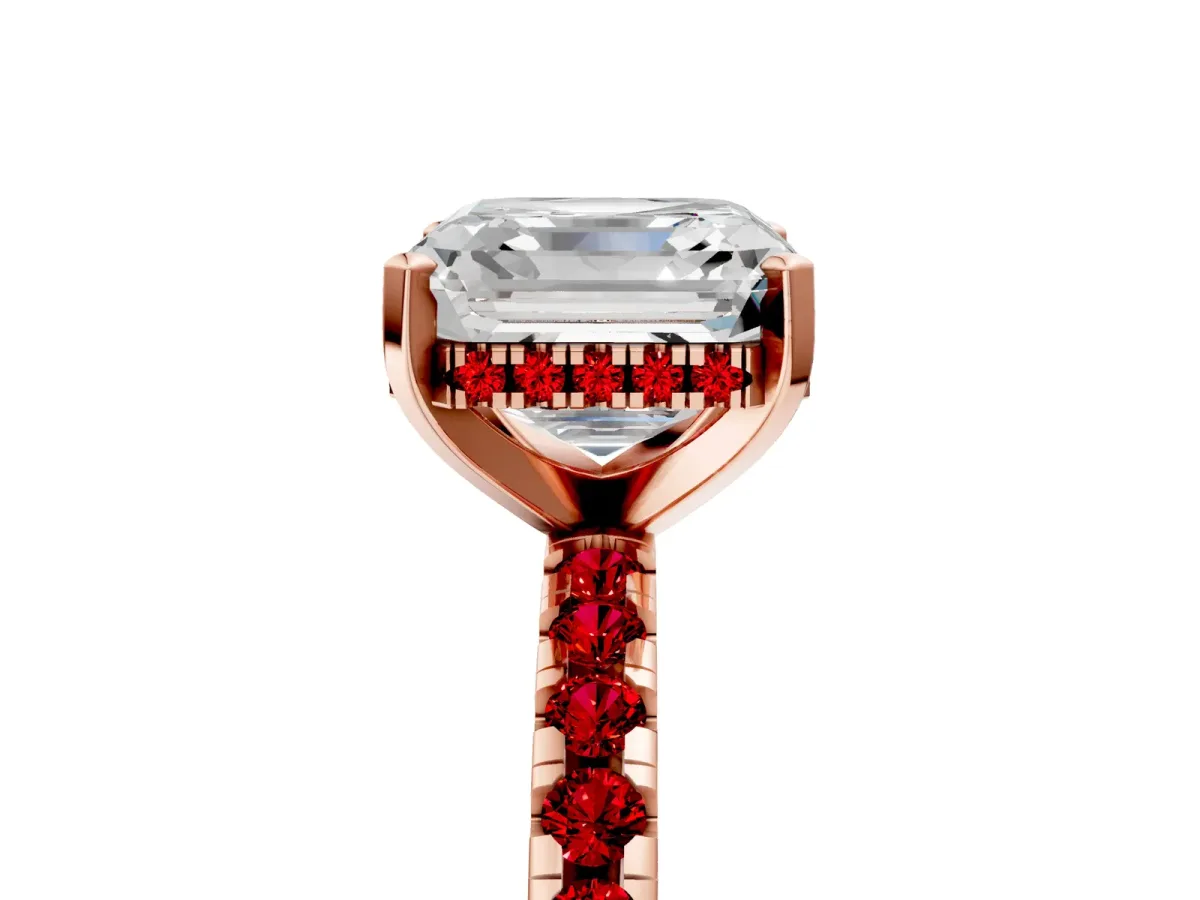 Asscher Cut Diamond Solitaire Ring with Round Ruby Pavé Band and Four-Prong Setting Rose gold
