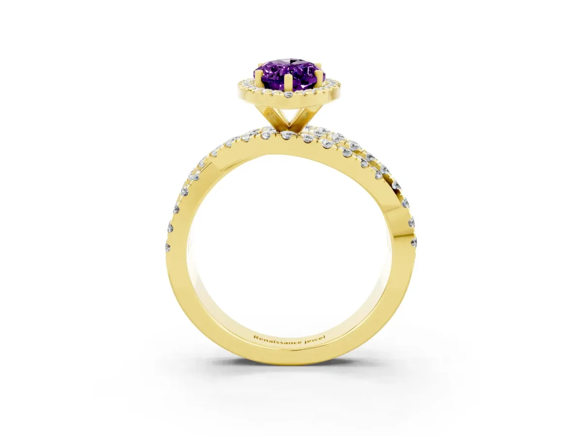 Marquise Cut Amethyst Halo Ring with Round Split Shank and Prong Setting Yellow gold