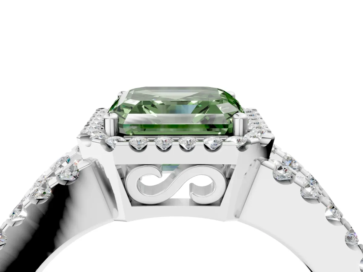 Fancy Green Asscher Cut Cut Halo Split Shank Diamond Ring with Four-Prong Setting Platinum