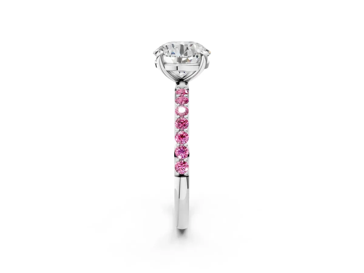 Round Cut Diamond Solitaire Ring with Round Pink Sapphire Pavé Band and Prong Setting Silver