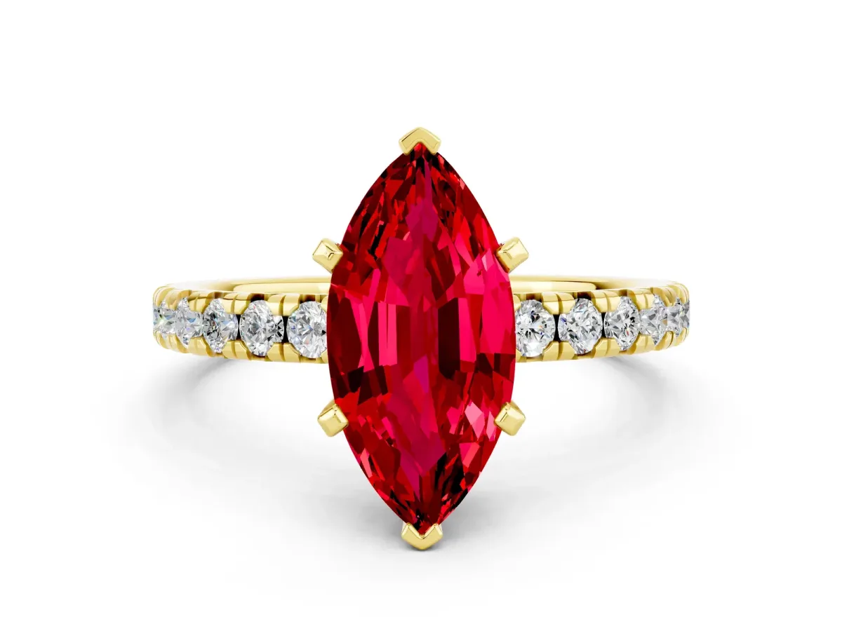 Marquise Cut Ruby Solitaire Pavé Engagement Ring with Round Band and Prong Setting Yellow gold