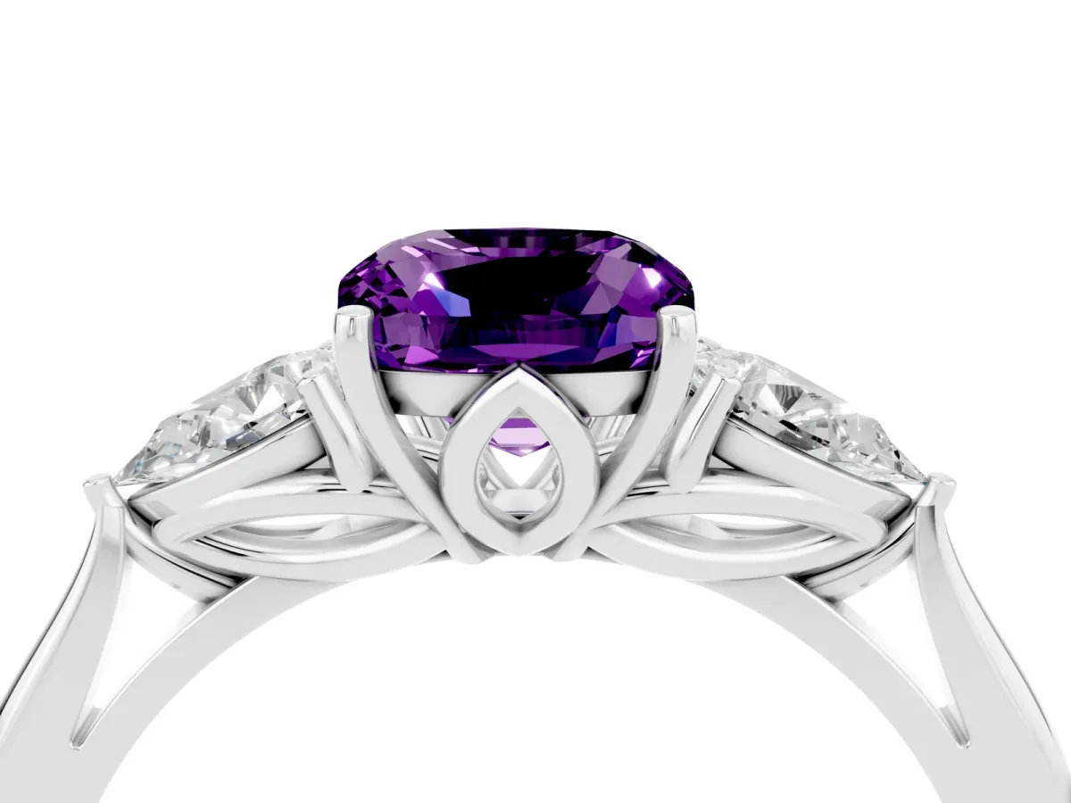 Three-Stone Cushion Cut Amethyst Ring with Pear Side Stones in Four-Prong Setting White gold