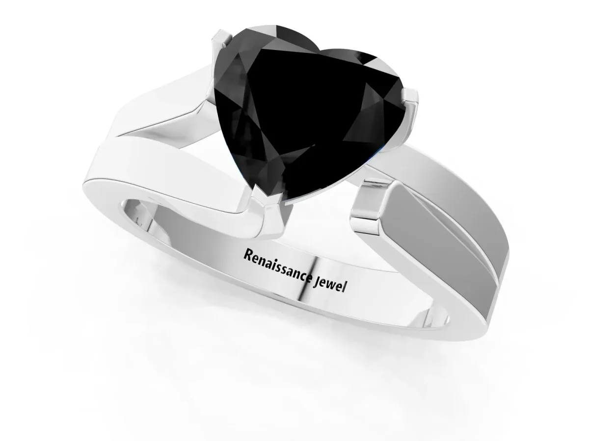 Fancy Black Modern Tension Set Heart Cut Diamond Solitaire Wide Band Ring Silver